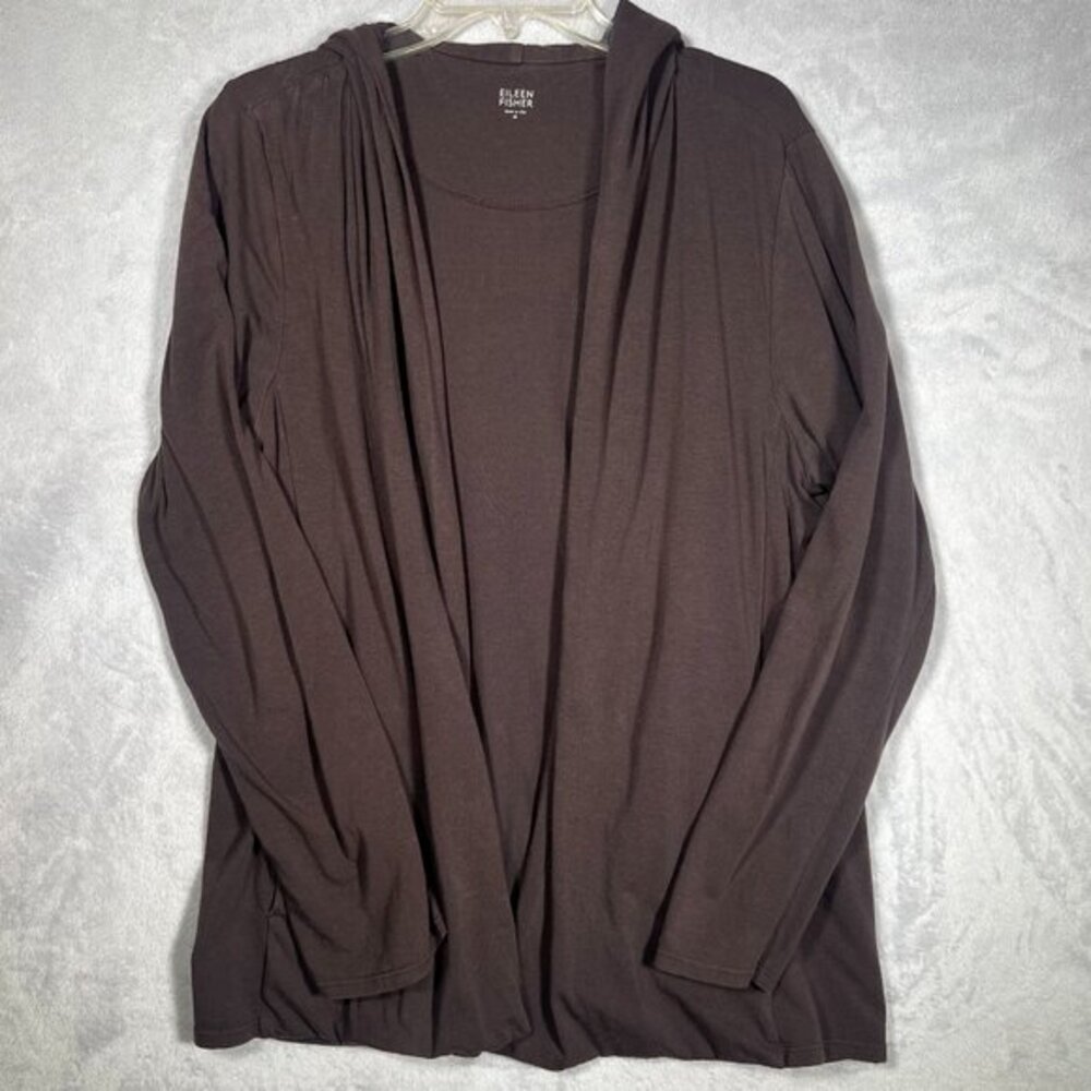 Eileen Fisher Cardigan Womens M Brown Hooded Open Front Sweater Pockets Comfy